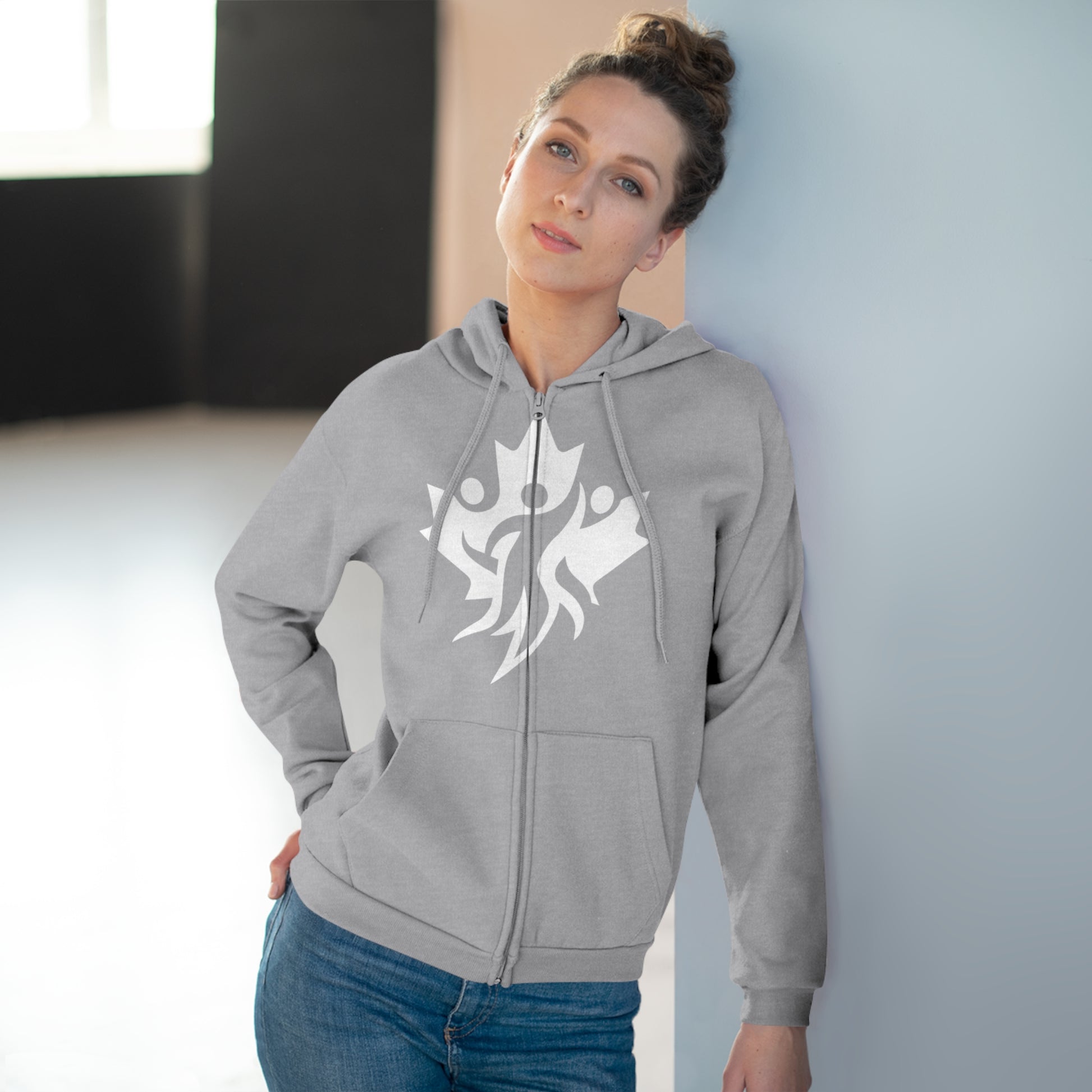 Cozy Unisex Hooded Zip Sweatshirt with Bold Graphic Design - OneLoveCanada