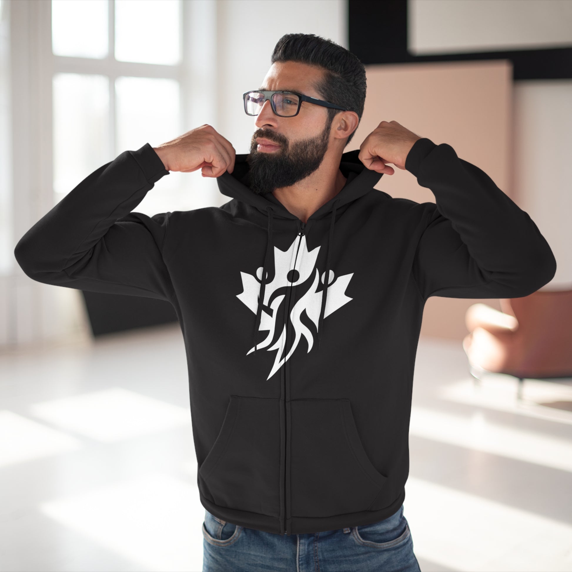 Cozy Unisex Hooded Zip Sweatshirt with Bold Graphic Design - OneLoveCanada