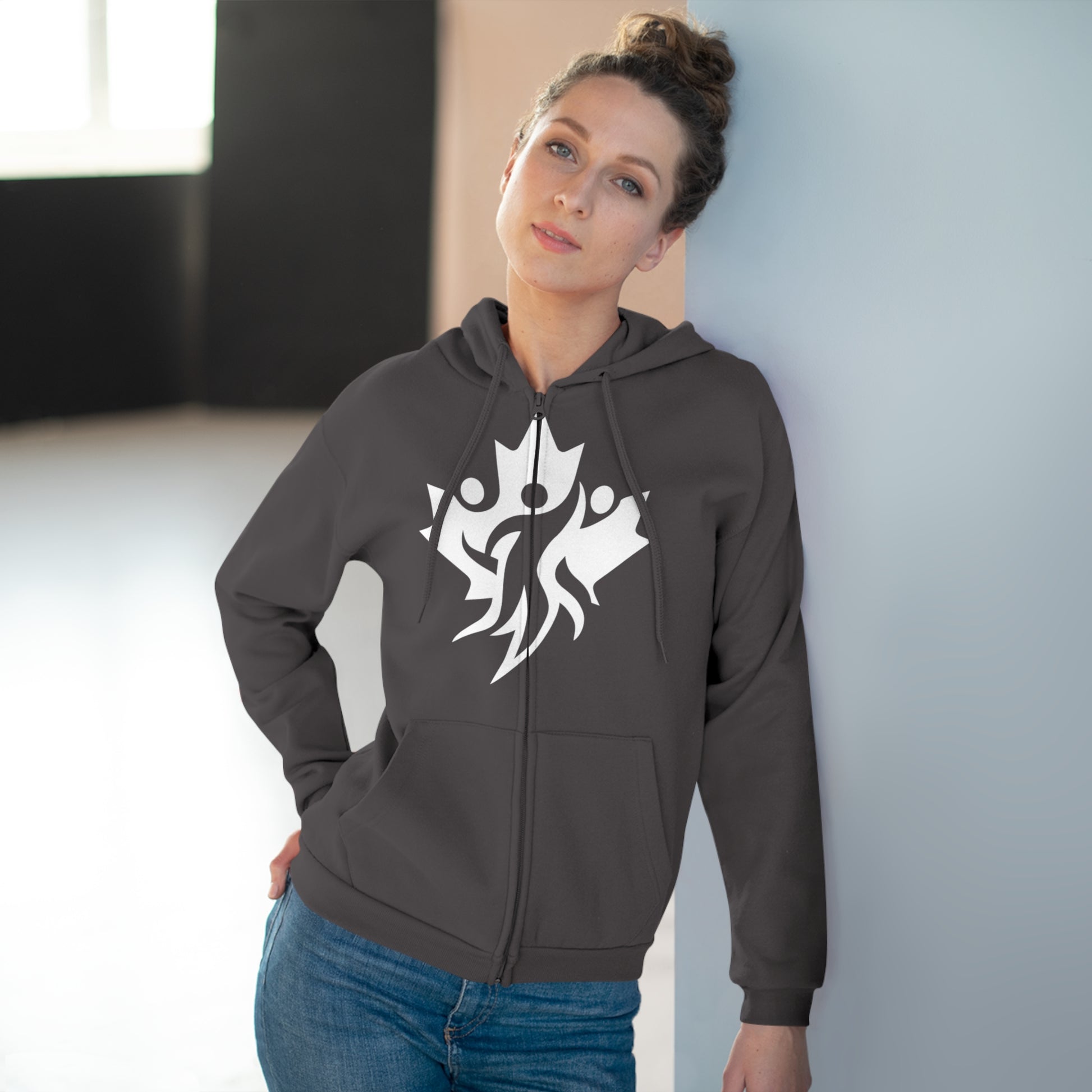 Cozy Unisex Hooded Zip Sweatshirt with Bold Graphic Design - OneLoveCanada