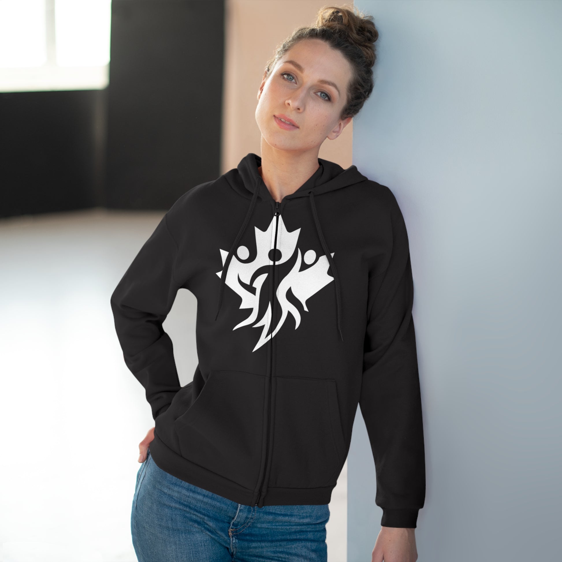Cozy Unisex Hooded Zip Sweatshirt with Bold Graphic Design - OneLoveCanada