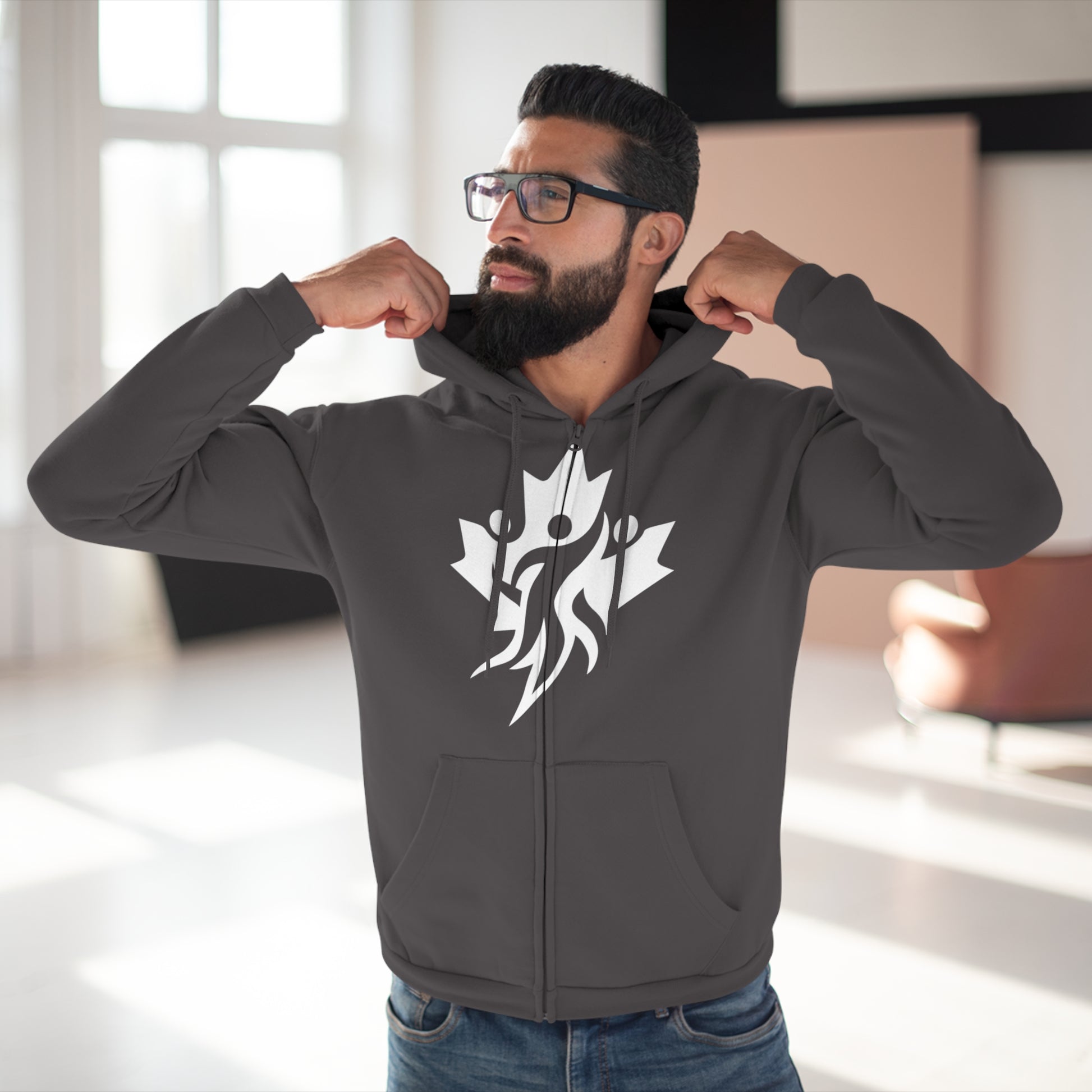 Cozy Unisex Hooded Zip Sweatshirt with Bold Graphic Design - OneLoveCanada