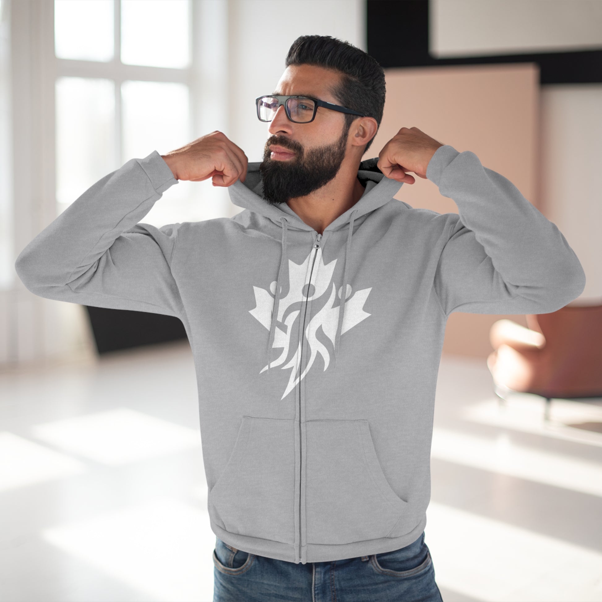 Cozy Unisex Hooded Zip Sweatshirt with Bold Graphic Design - OneLoveCanada