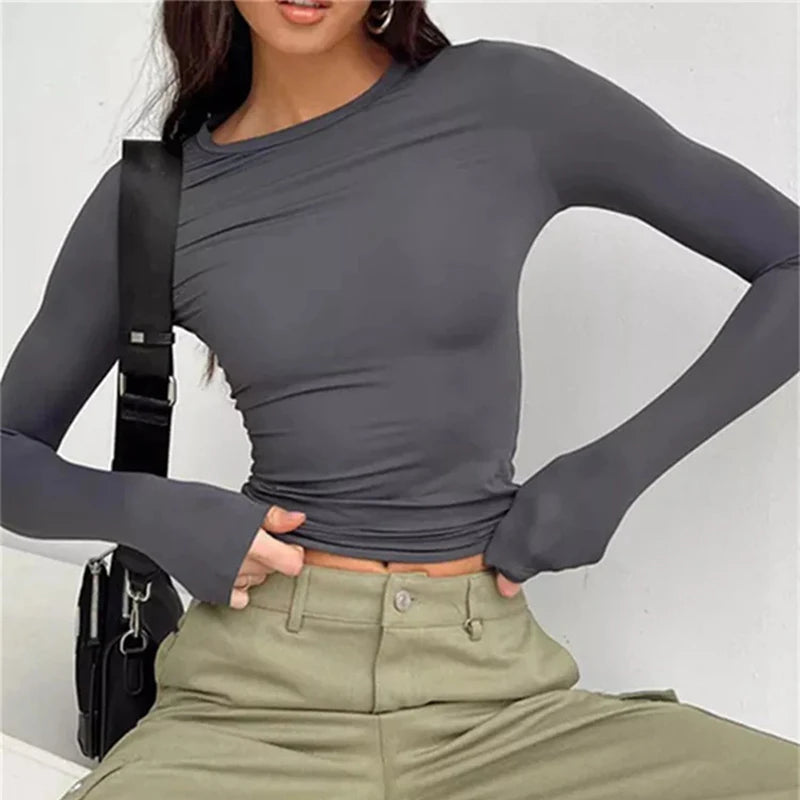 Women Long Sleeve T Shirt Spring Autumn Solid Slim Fit Casual Shirts Female Pullovers Basic Tee Y2k Clothes Streetwear Crop Tops - OneLoveCanada