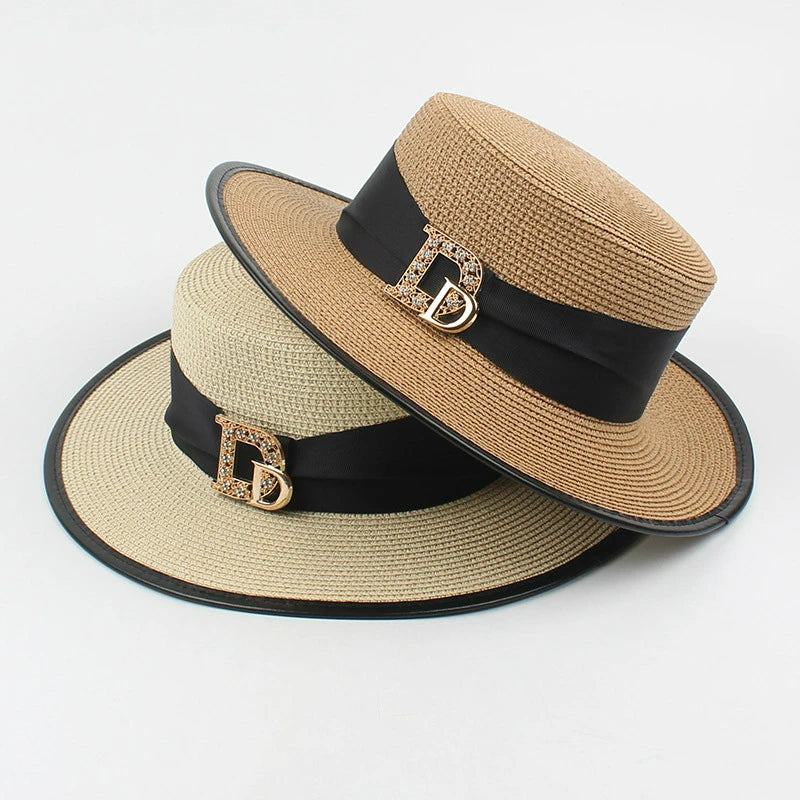 Panama Fashion Ladies Elegant Raffia Straw Hat Rhinestone Letters Vacation Travel High Quality Ladies Summer Topper Banquet Hat