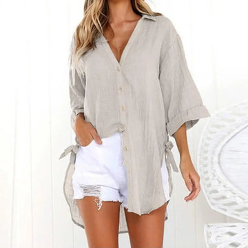 Women Blouses 2021 Summer Linen Shirts Women Loose Irregular Hem Belt Buttons Top Woman Turn Down Collar Shirt Roupas Femininas