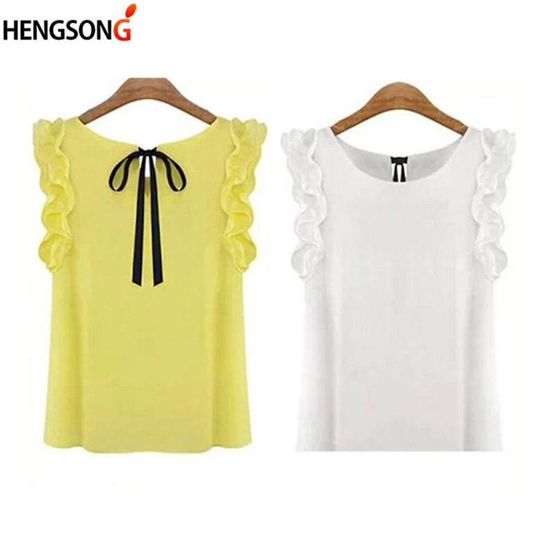 Women Blouse Tops Summer Fashion Lotus Leaf O-Neck Casual Shirt Ladies Bow Tie Chiffon Blouse White Tops 2023 New Women's Shirt - OneLoveCanada