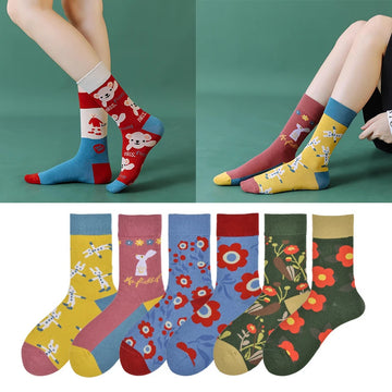 Trendy Socks Ab Paragraph Pure Cotton High Tube Socks Creative Cartoon Small Flowers New Autumn and Winter Stockings Female Sock