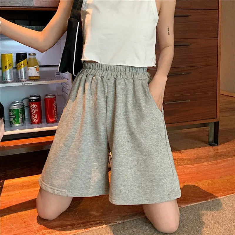 2021 Lovely Girls Summer Fashion Solid Colour Shorts Women Harajuku Elasticity Loose Chic Wide-leg Casual Simple All-match Style