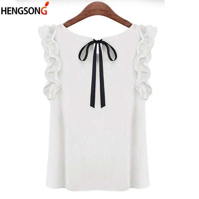 Women Blouse Tops Summer Fashion Lotus Leaf O-Neck Casual Shirt Ladies Bow Tie Chiffon Blouse White Tops 2023 New Women's Shirt - OneLoveCanada