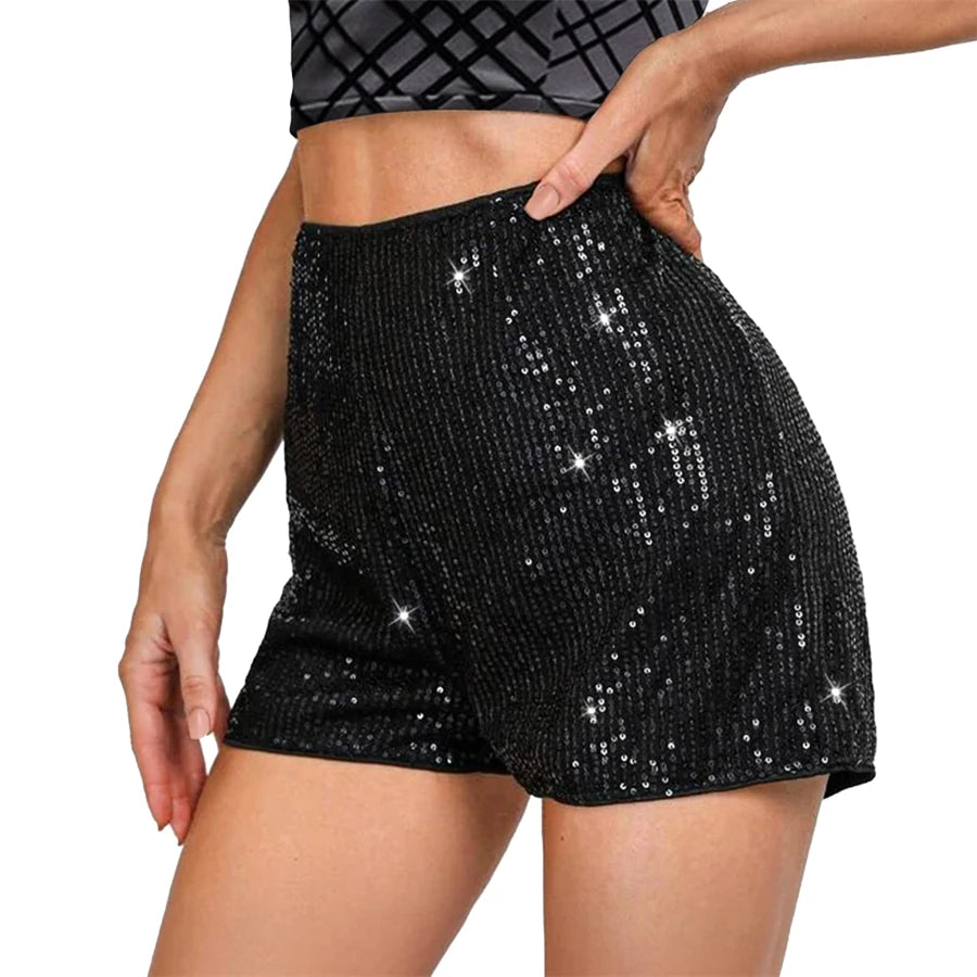 Puloru Sparkly Black Sequins Shorts Women's Summer Glitter Shorts Casual Street Mid Waist Elastic Band Straight Leg Hot Shorts