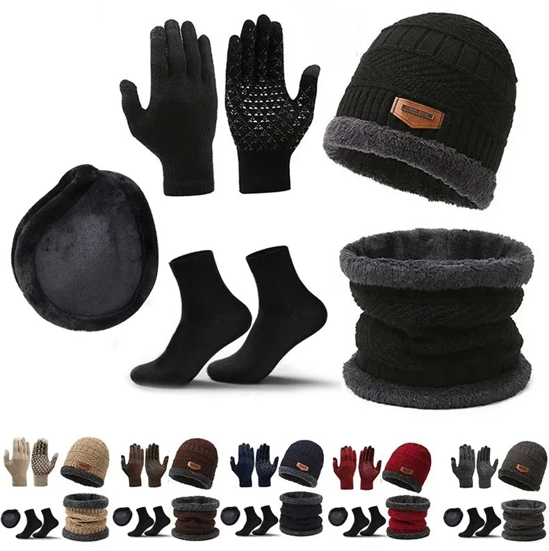Suit Hat Men's Winter Scarf, Gloves, Socks, Five-Piece Scarf, Neck Scarf, Warm Winter Sky Knit Hat