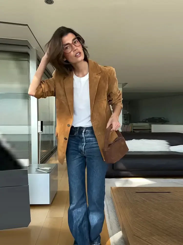 Vintage Women's Suede Leather Jacket Single Breasted Lapel Brown Blazer Loose Coats 2025 Spring Office Lady Outerwears