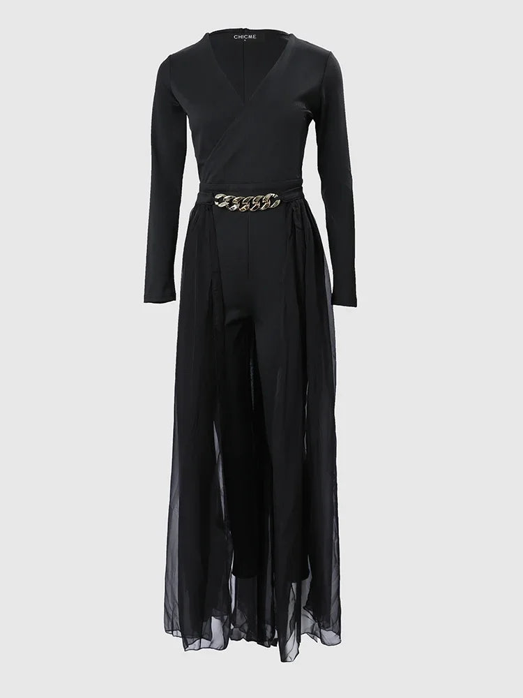 Elegant Jumpsuit Women 2025 New Spring Office Lady Fashion Marble Print Lace Chain Decor V-Neck Long Sleeve Long Jumpsuit Work