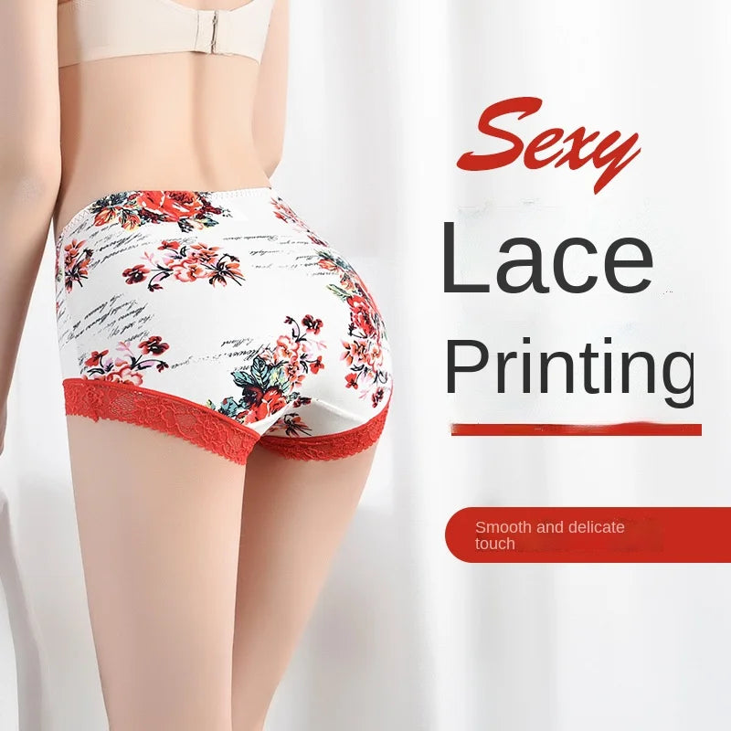 Spring Large Size Lace Pure Cotton Underwear Women's Seamless Antibacterial Ladies Underwear Sexy Printed Briefscomfortablesexy
