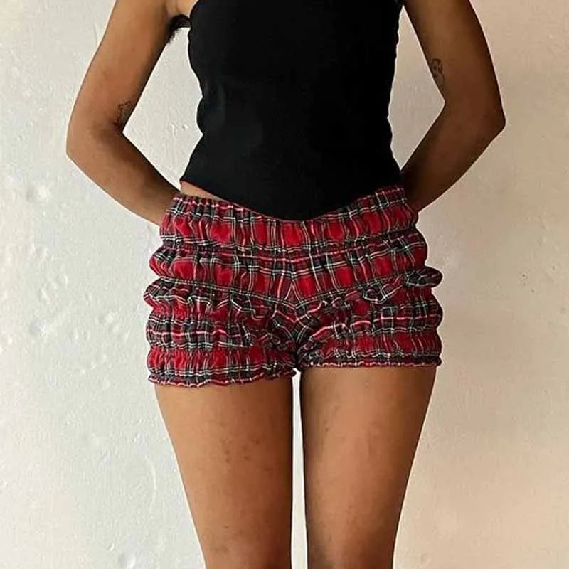 Cottage Plaid Print Shorts Low Rise Frill Tiered Slim Fit Short Pants 90s Vintage Folds Lounge Shorts E-girl Kawaii Streetwear