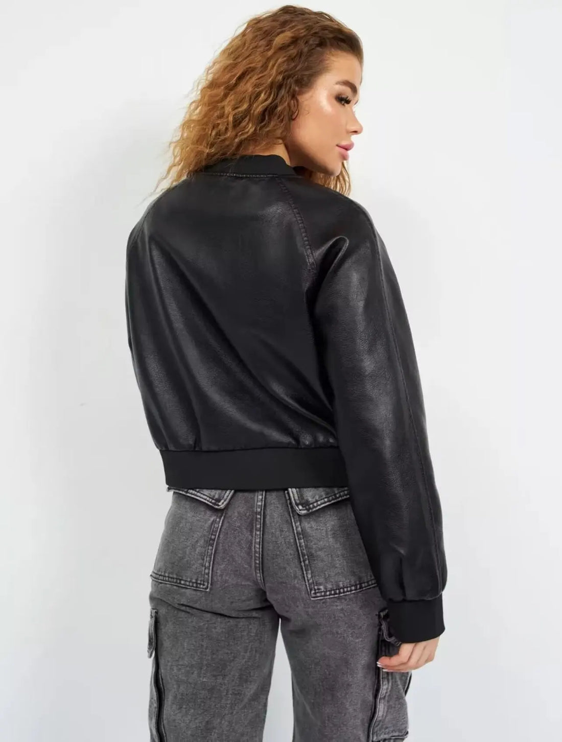 TRAF 2025 Women's PU Black Zippered Long Sleeve O-Neck Casual Motorcycle Jacket Chic round Neck Tops