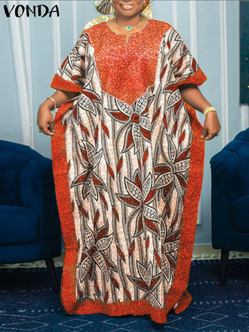 Plus Size Dresses 2025 Woman Summer Sundress Printing Bohemian Vestidos Vintage V Neck Bat-wing Sleeve Robe Oversized