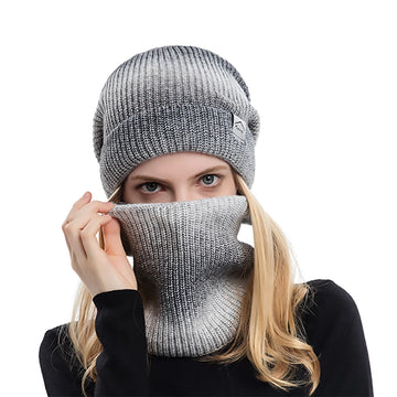 Women's Winter Keep Warm Beanie Scarf Set 2 Pieces Lady Fleece Lining Woolen Yarn Hat Knit Neck Gaiter Gradient Color Wholesale