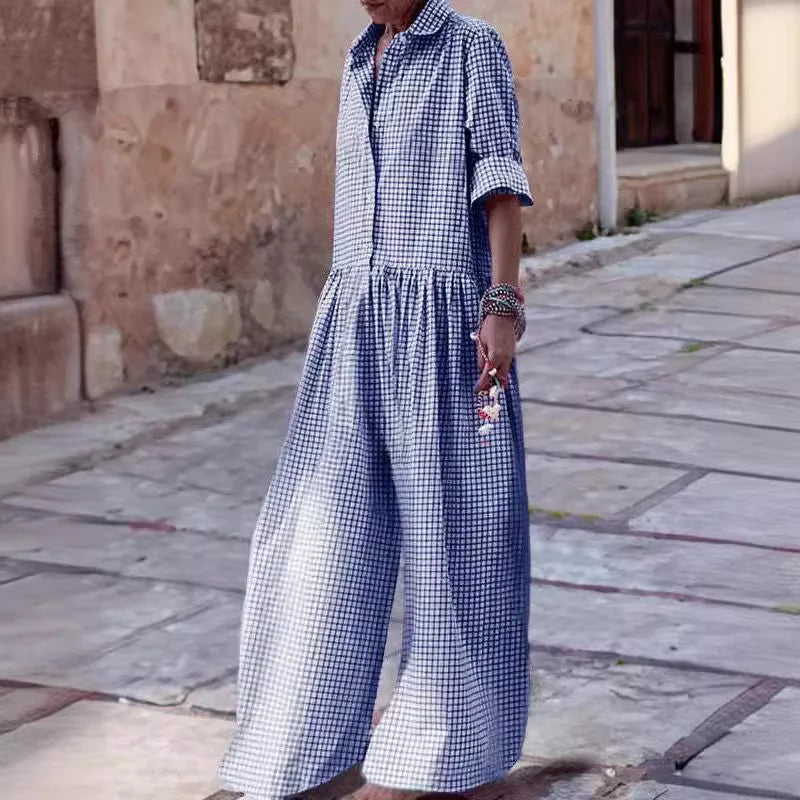 Loose Casual Plaid Print Jumpsuit Fashion Lapel Single Breasted Half Sleeved Wide Leg Jumpsuit Spring Summer Fashion Lady New