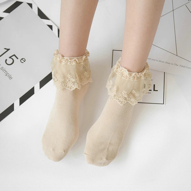 Fashion Women Girls Lace Ruffle Frilly Ankle Socks Harajuku Lovely Cute Vintage Retro Floral Lady White Princess Wedding Dance