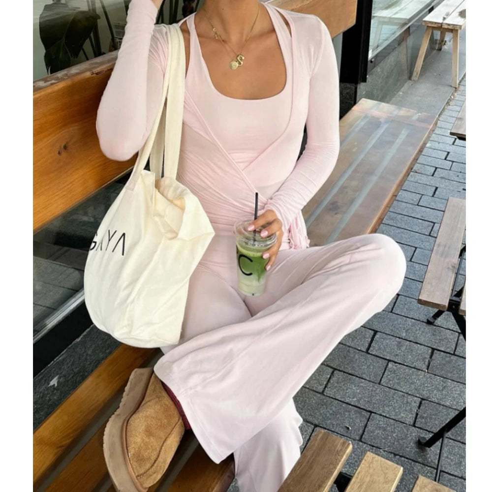 Women y2k Yoga 2 Piece Outfits Casual Solid Color Tie up Hem Wrap Long Sleeves Tops and Elastic Flare Pants Set Streetwear - OneLoveCanada
