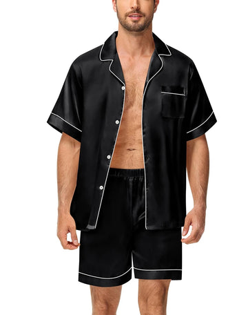 Men's Luxury Satin Pajama Set Solid Color Short Sleeve Lapel Top And Elastic Shorts Comfortable Fit Summer Loungewear Sleepwear