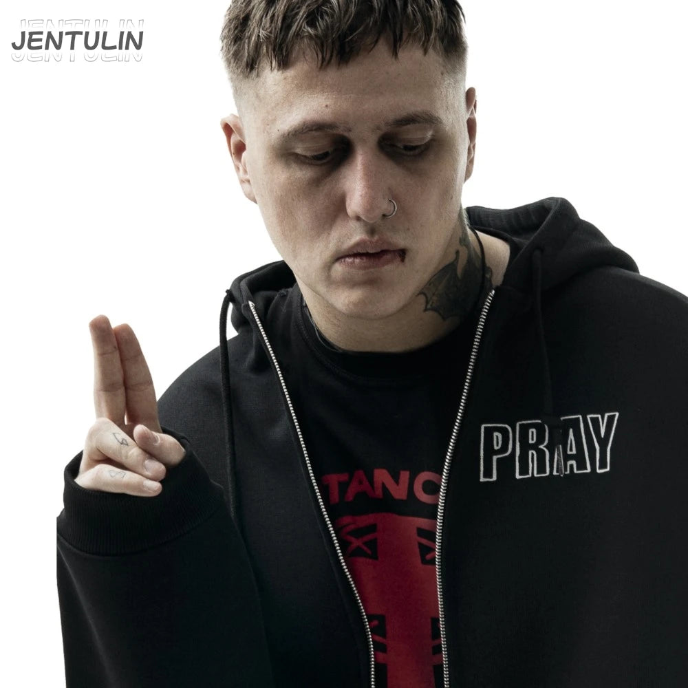 Hip Hop Men Women Zip Up Hoodie Pray Graphic Print Zipper Hooded Oversized Sweatshirt Streetwear Jacket Y2K Coat Clothing Gothic