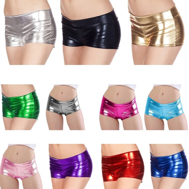 Women's Shining Metallic Booty Shorts Low Waist Dance Bottoms Faux Leather Hot Pants Dance Festival Costumes