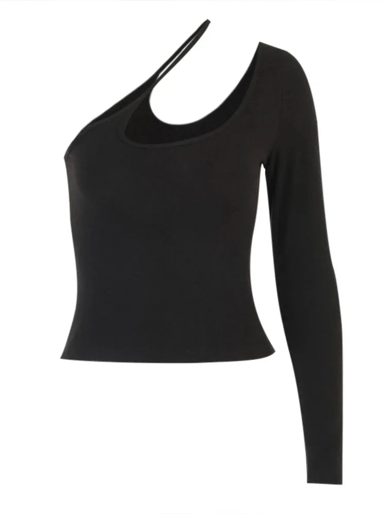 Ladies T-shirt One-shoulder Sexy Casual Tight Streetwear Elegant Solid Color Top Harajuku Hollow Asymmetric Short Asymmetrical - OneLoveCanada