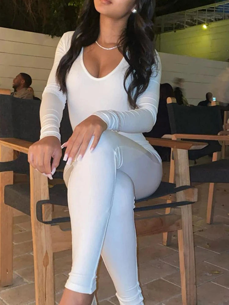 Spring Summer New Women's Long Sleeve Solid Color Skinny Jumpsuit Fashion Sports Fitness Pullover Casual Wear