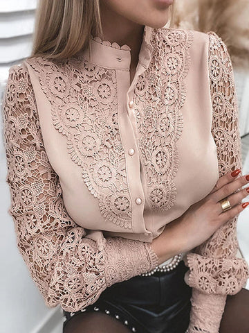 Elegant Women's Blouse Vintage Lace Spliced Long Sleeve Pink Button Up Woman Shirt Tops 2024 Fashion Casual Ladies Blouses Top