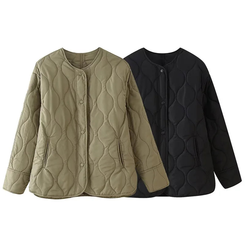 TRAF Cropped Quilted Jacket Woman Demi-Season Short Padded Jacket Parkas Black Army Green Outwears Warm Lightweight Padded Women