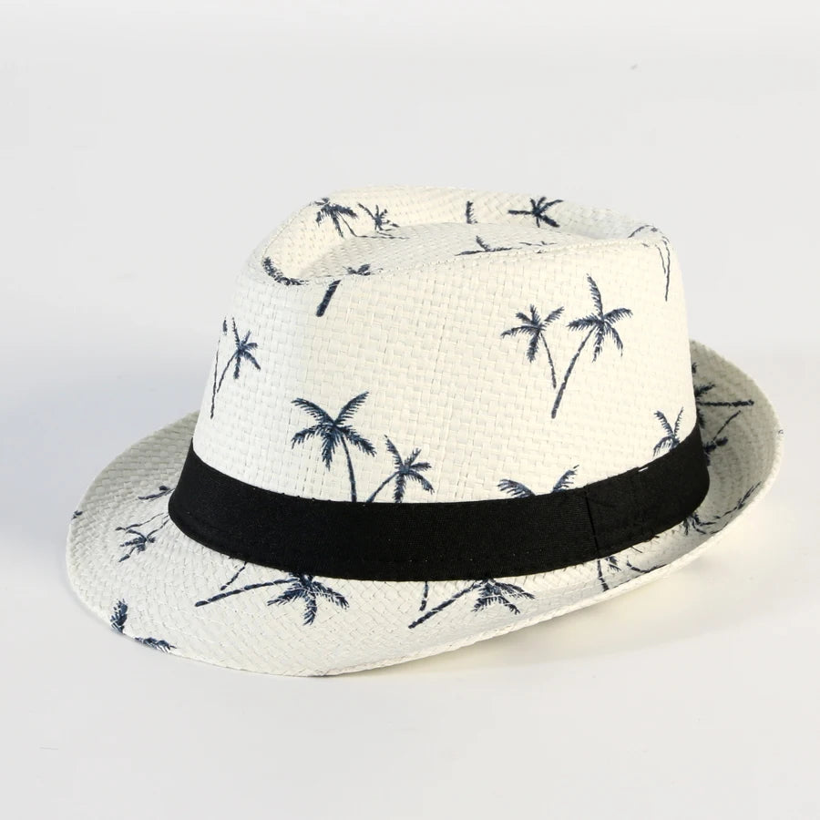 Top hat men's small eave paper grass jazz hat summer grass woven sunshade coconut tree printed beach sunshade hat