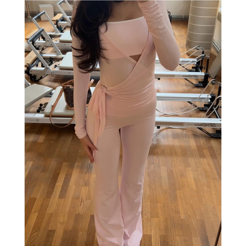 Women y2k Yoga 2 Piece Outfits Casual Solid Color Tie up Hem Wrap Long Sleeves Tops and Elastic Flare Pants Set Streetwear - OneLoveCanada