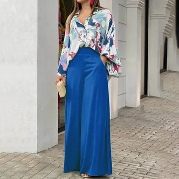 2024Autumn Plus Size Women's Set Long Sleeve Shirt Tops and Wide Leg Pants Elegant Tracksuit Two Piece Set Sweatsuit Outfits Y2K
