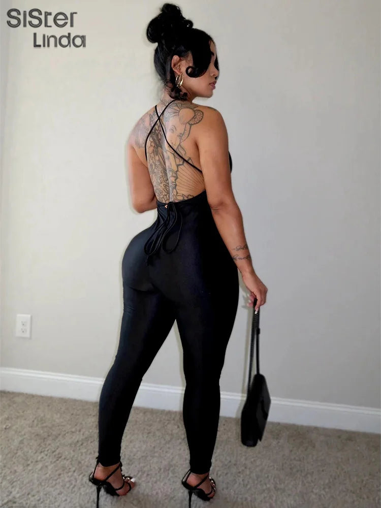 New Women's Hanging Neck Low Cut Open Back Sexy Jumpsuit Popular in Spring 2024 European And American Style Nightclub Jumpsuit