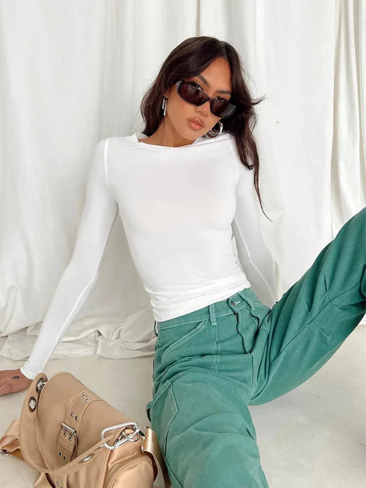 Women Casual Long Sleeve T-Shirts Spring Autumn Solid Slim Fit Pullovers Tees Shirts Female Streetwear Base Tees Tops  Casual - OneLoveCanada