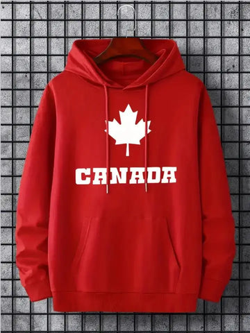 Hoodies For Men, Maple Leaf Canada Print Hoodie, Men’s Casual Pullover Hooded Sweatshirt With Kangaroo Pocket For Spring Fall