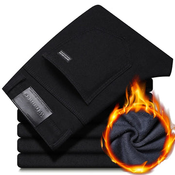 2025 New Winter Pure Black Fleece Thick Warm Jeans Men's loose Straight Elastic Denim Pants classics Casual Plush Trousers