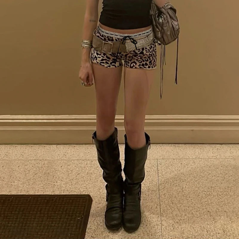 CIBBAR Hot Sexy Leopard Print Shorts Streetwear y2k Lace Patchwork Bow Low Rise Skinny Short Pants Women Vintage 2000s Clothing