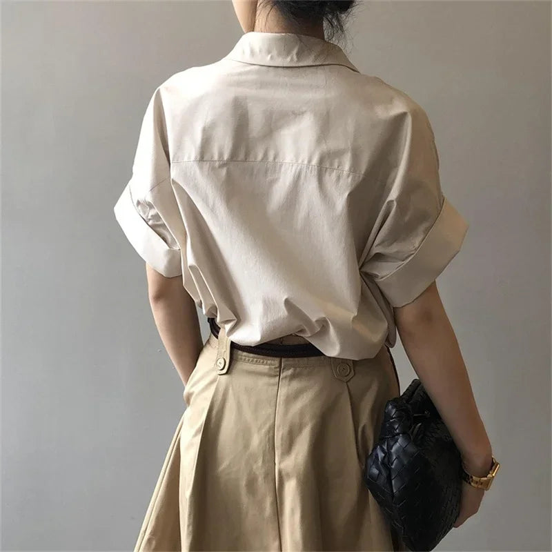 blusas para mujer 블라우스 Summer Minimalist Women Shirts Casual Blouses Fashion V-neck Loose Bat Sleeve OL Elegant Tops Camisas