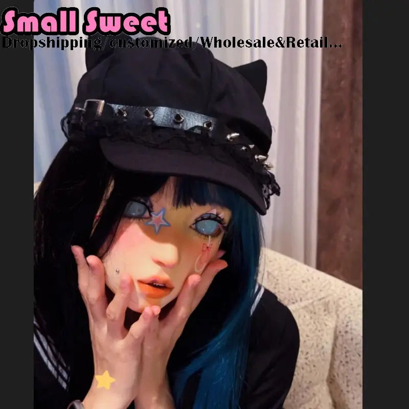 Ladies Ruffle Lace Cap Y2K Japanese Hat Women's Caps Punk Gothic Lolita Beret Hats Spike Cap for Girls Women's Summer Beret Hats