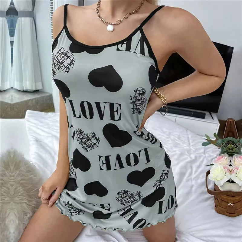 Summer New Women's Nightgown Beauty Back Thin Section Of Home Wear Sexy Halter Short Skirt Love Cartoon Cute Printing Pajamas