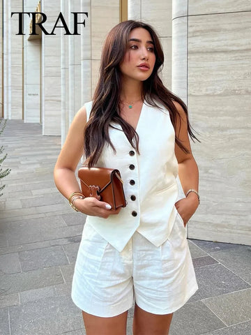 TRAFZA Women Elegant Solid Waistcoat Shorts Set 2024 Sleeveless Vest Top+High Waist Slim Shorts Lady Office Casual 2 Pieces Set