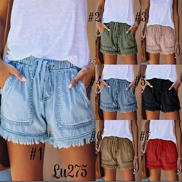 New High Waist Tassel Drawstring Denim Shorts Female Summer Korean Version Raw Edge Wide Leg Loose Plus Size Jean Shorts Women