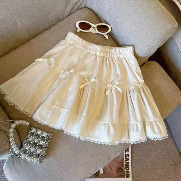 Women's Bow Skirt Spring2025New French Sweet High Waist Cake Lace PuffyAShort Skirt
