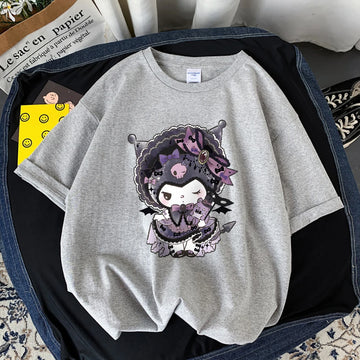 Kuromi Dressed Up In Full Attire Print Short Sleeve Breathable Fashion T Shirts Soft Comfy Clothing Everyday Cotton T-Shirt