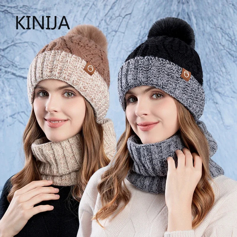2pc Set Knitted Hat Scarf Cap Neck Warmer Winter Hat for Men Women Skullies Beanies Warm Fleece Cap Anti-cold Gorras Bonnet