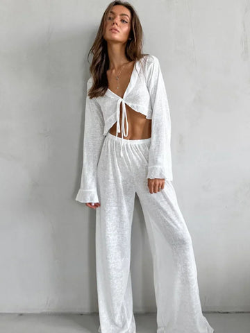 Bornladies Women's Summer Lace Up Loose Casual Long Sleeved Pants Set Fashion Home Clothes Sexy Solid Color Basic Pajamas Set