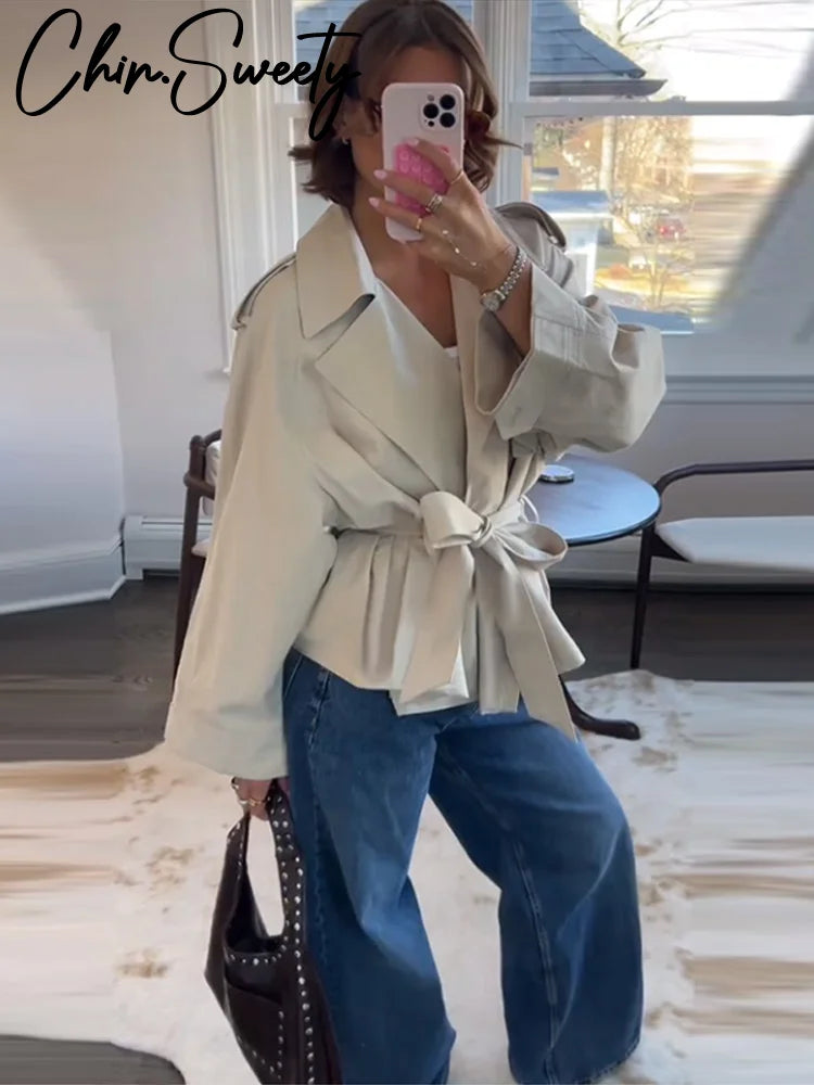 Causal Women's Cropped Trench Coat Loose Lace Up Solid Notched Neck Full Sleeves Female Jackets 2025 Spring Lady New Outfits